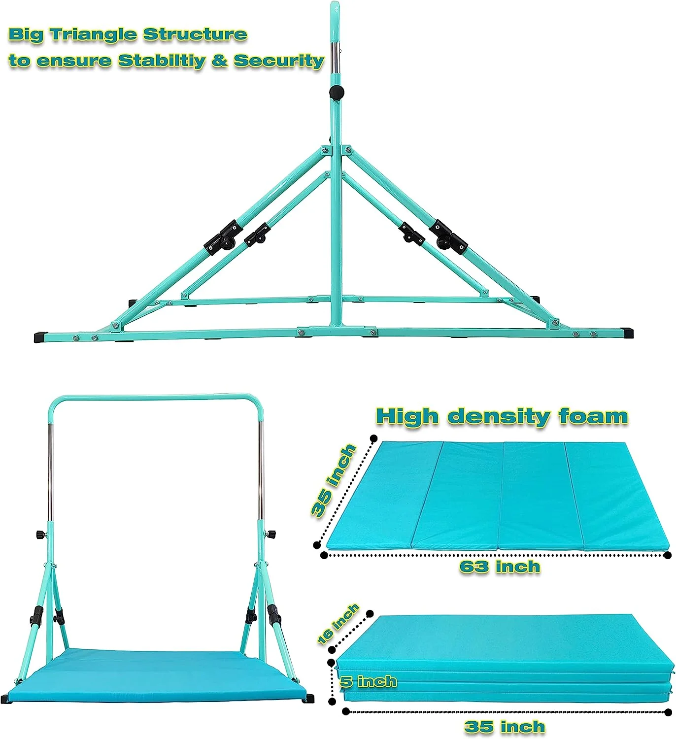 Mini Folding Junior Pro Adjustable. 84cm to 125cm Horizontal Bars plus free tumble mat. Pink, Green or Blue - Image 13