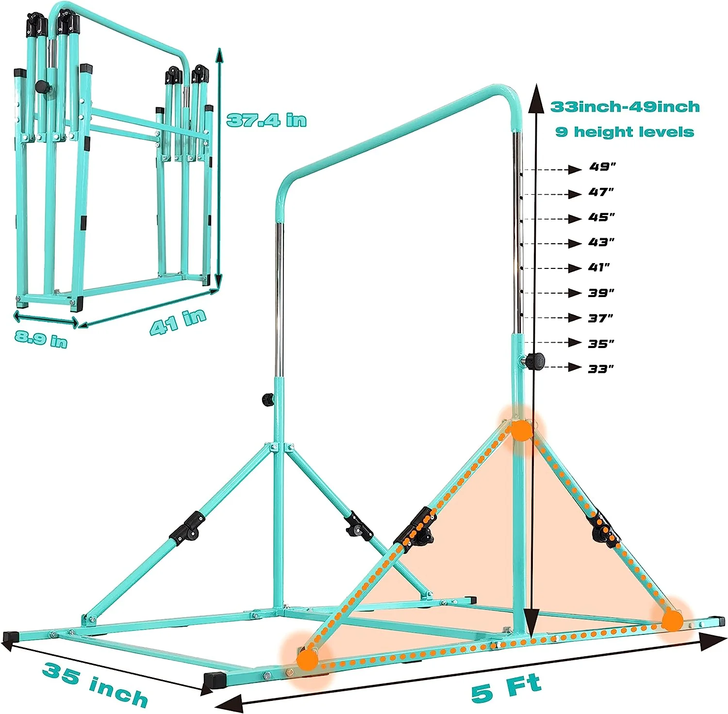 Mini Folding Junior Pro Adjustable. 84cm to 125cm Horizontal Bars plus free tumble mat. Pink, Green or Blue - Image 17