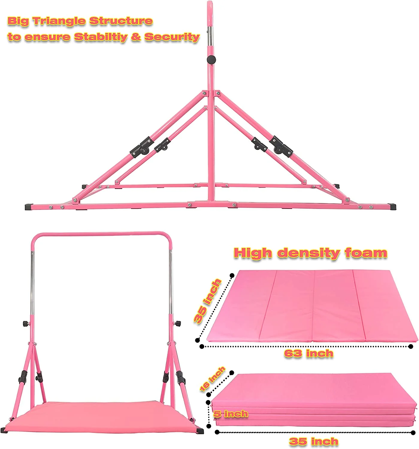 Mini Folding Junior Pro Adjustable. 84cm to 125cm Horizontal Bars plus free tumble mat. Pink, Green or Blue - Image 24